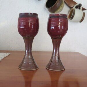 Tall Pottery Wine Goblets, Signed, Scott Frankenberger Artist, Burgundy & Tan